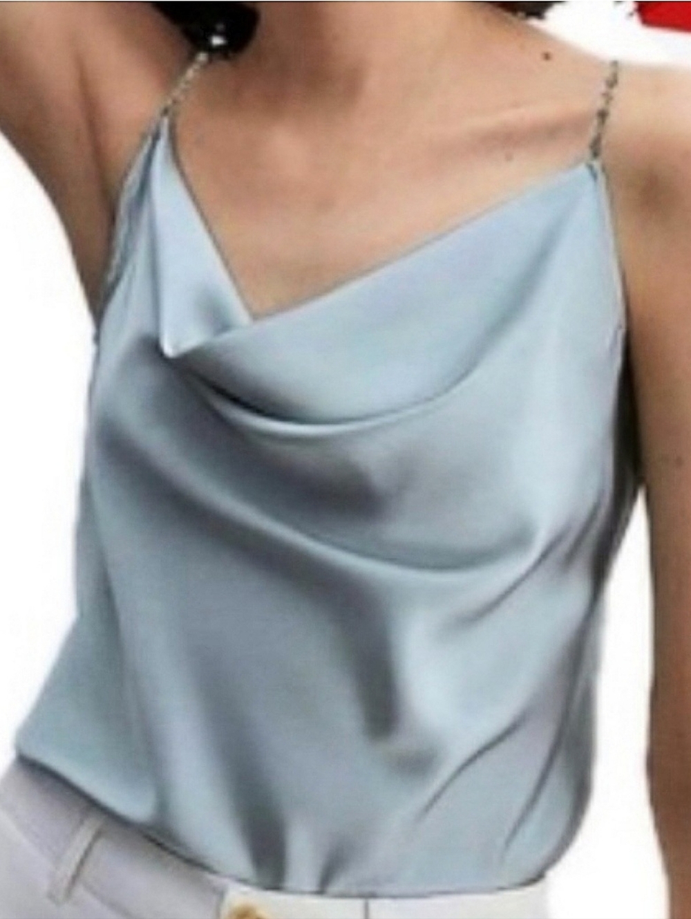 NWT HOUSE OF HARLOW Satin Cowl Neck Camisole -Light Blue Rhinestone Starps S